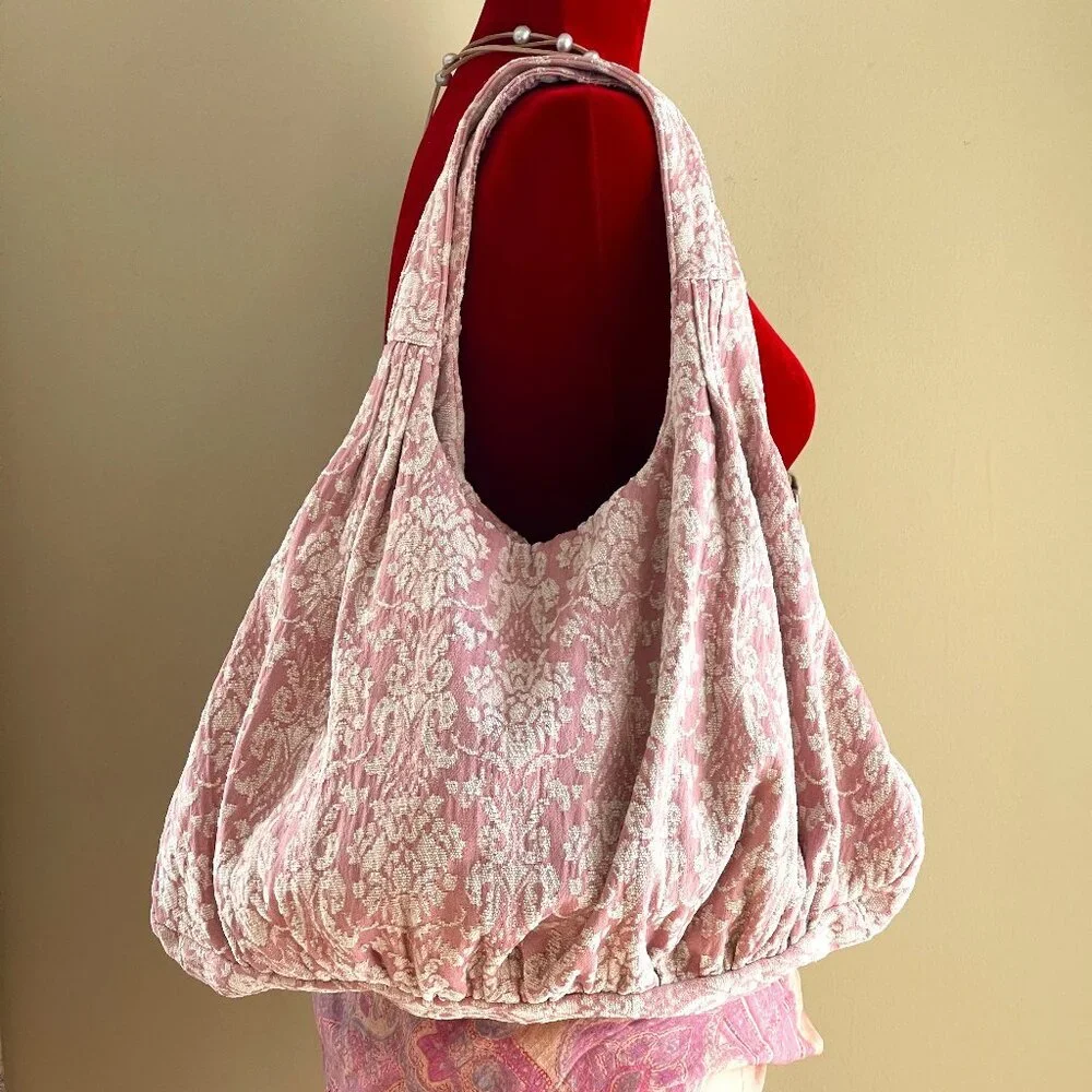 House Purse Day Bag Travel Bag Clay Pink White Damask Large Hobo Bag - Picture 7 of 14
